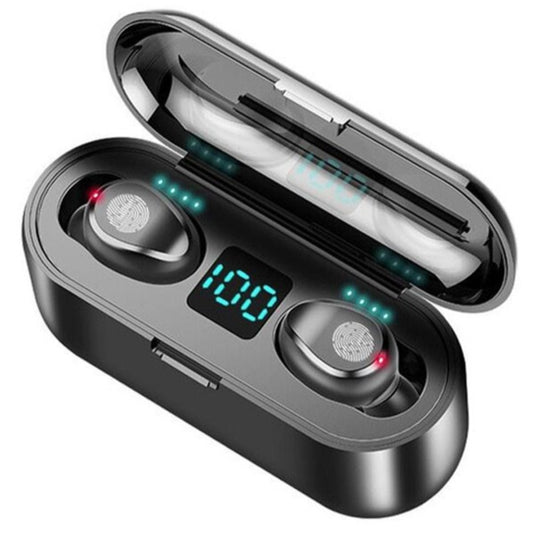 Wireless earbuds in a charging case with digital display on a white background
