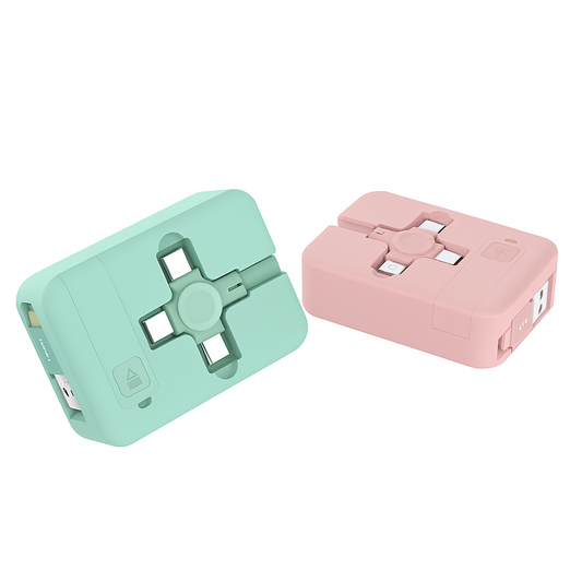 Two rectangular devices, one green and one pink, on a white background