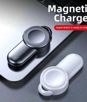 Magnetic charger for Apple Watch on a reflective surface with text indicating readiness to charge.