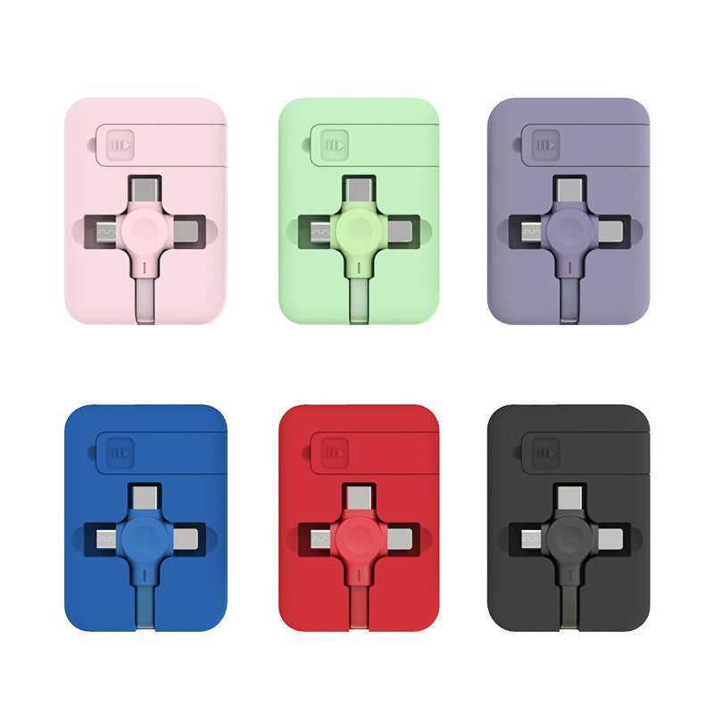 4-in-1 Retractable USB Charging Cable with Phone Stand – Macaron Design, Lightning, Type-C & Micro USB, Fast Charging Storage Box for iPhone & Android - Tech Mart