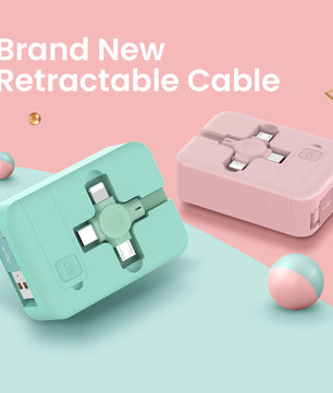 Two retractable cables, one green and one pink, on a pink and blue gradient background with text 'Brand New Retractable Cable'.