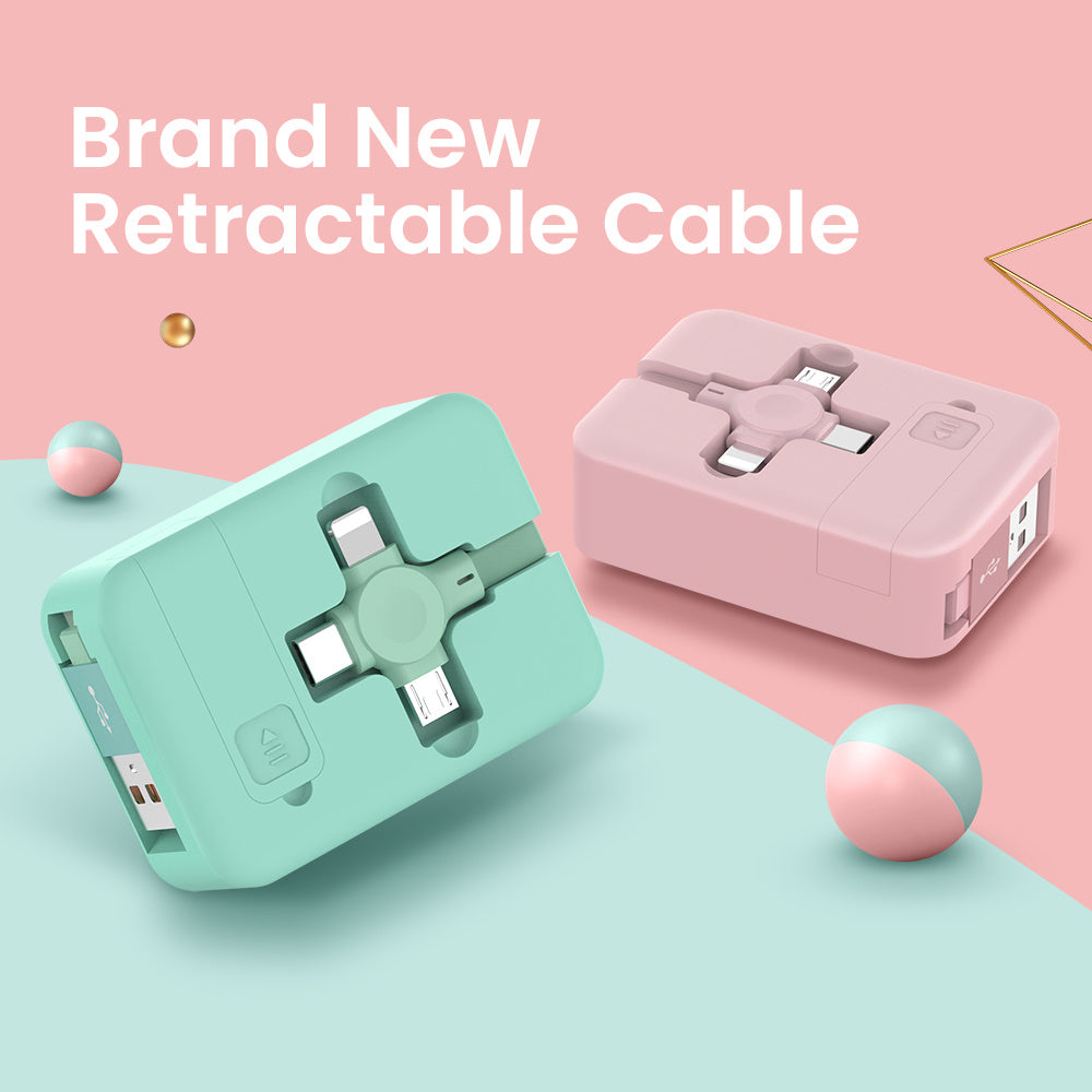 Two retractable cables, one green and one pink, on a pink and blue gradient background with text 'Brand New Retractable Cable'.