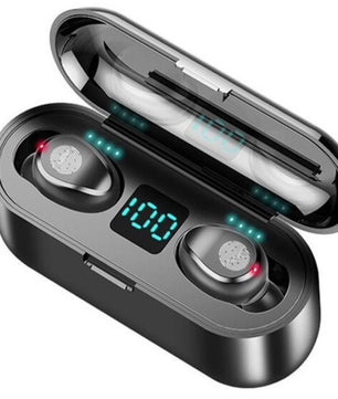 Wireless earbuds in a charging case with digital display on a white background