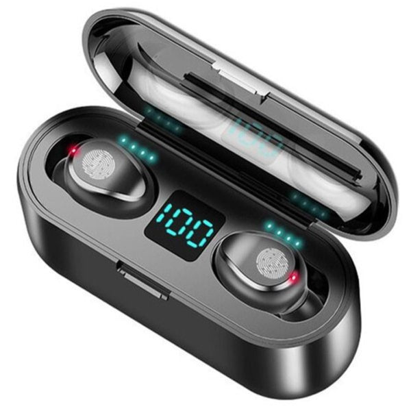 Wireless earbuds in a charging case with digital display on a white background