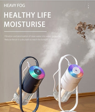Two humidifiers emitting mist with text about healthy living and moisturizing.
