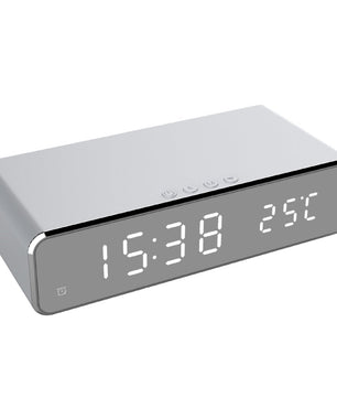 LED Digital Alarm Clock with Wireless Charger – HD Mirror Display, Thermometer, Date, and 3 Alarms – Modern Desktop Clock for Bedroom or Office - Tech Mart