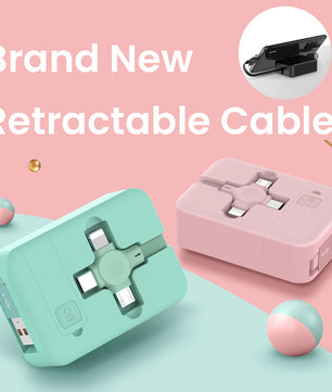 4-in-1 Retractable USB Charging Cable with Phone Stand – Macaron Design, Lightning, Type-C & Micro USB, Fast Charging Storage Box for iPhone & Android - Tech Mart