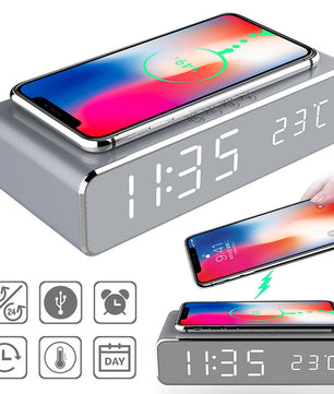 LED Digital Alarm Clock with Wireless Charger – HD Mirror Display, Thermometer, Date, and 3 Alarms – Modern Desktop Clock for Bedroom or Office - Tech Mart
