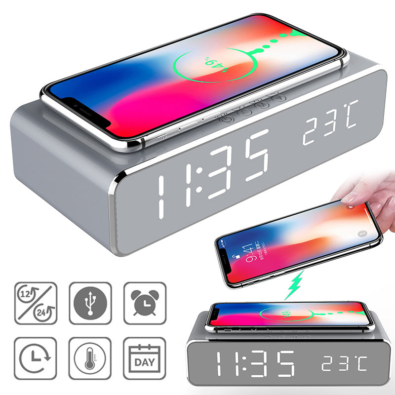 LED Digital Alarm Clock with Wireless Charger – HD Mirror Display, Thermometer, Date, and 3 Alarms – Modern Desktop Clock for Bedroom or Office - Tech Mart