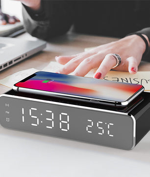 LED Digital Alarm Clock with Wireless Charger – HD Mirror Display, Thermometer, Date, and 3 Alarms – Modern Desktop Clock for Bedroom or Office - Tech Mart