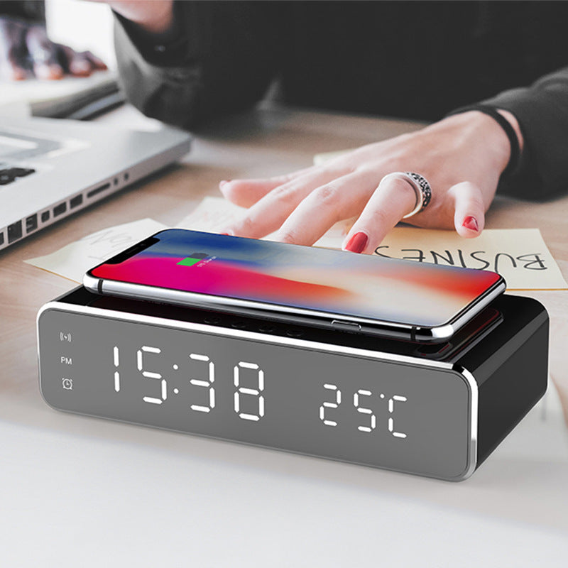LED Digital Alarm Clock with Wireless Charger – HD Mirror Display, Thermometer, Date, and 3 Alarms – Modern Desktop Clock for Bedroom or Office - Tech Mart