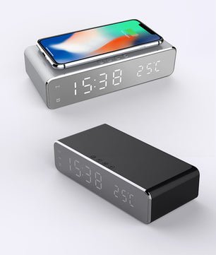 LED Digital Alarm Clock with Wireless Charger – HD Mirror Display, Thermometer, Date, and 3 Alarms – Modern Desktop Clock for Bedroom or Office - Tech Mart