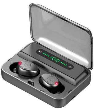 Black wireless earbuds in a charging case with a digital display on a white background