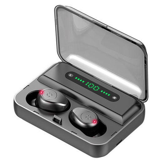 Black wireless earbuds in a charging case with a digital display on a white background