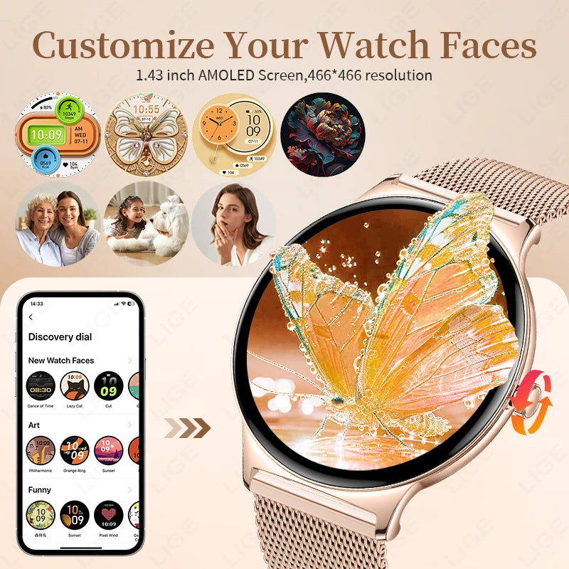 LIGE New 1.43" Bluetooth Call Smartwatch Women Men 466*466   AMOLED Full touch Screen Women Smartwatches Ladies ﻿For Android ios - Tech Mart