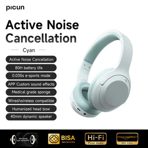 Picun F1 ANC Wireless Bluetooth 5.4 Hi-Fi Headphones with 43dB Adaptive Noise Cancelling, 80-Hour Battery, 40mm Drivers, and App Customization - Tech Mart
