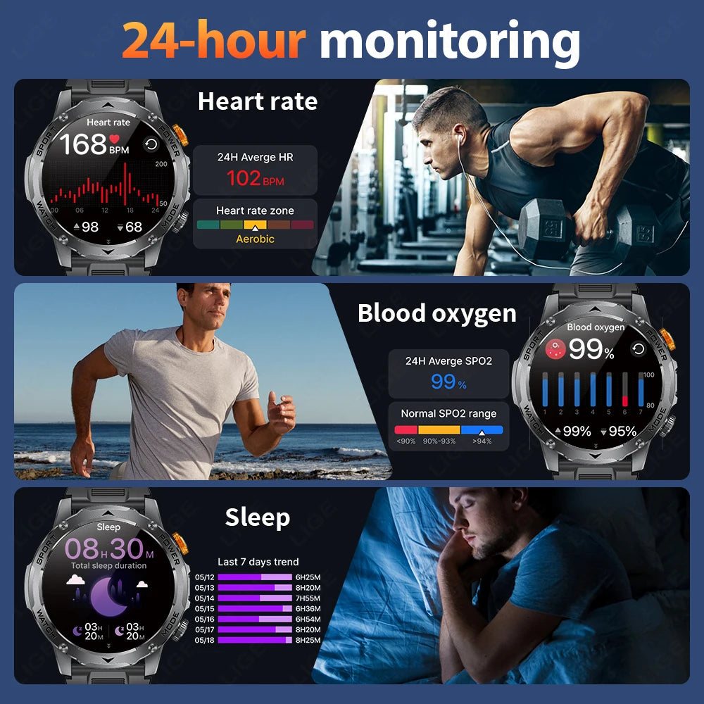 LIGE 2025 Smart Watch Men – Large 1000mAh Battery, Outdoor Flashlight, Bluetooth Call, Waterproof Sports & Fitness Smartwatch - Tech Mart