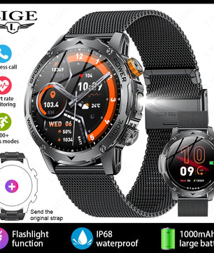 LIGE 2025 Smart Watch Men – Large 1000mAh Battery, Outdoor Flashlight, Bluetooth Call, Waterproof Sports & Fitness Smartwatch - Tech Mart