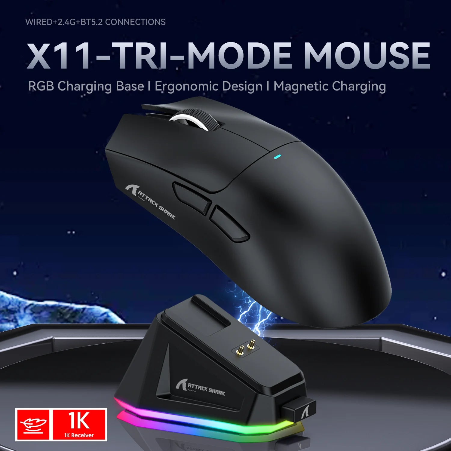 Attack Shark X11 Tri-mode Gaming Mouse with Magnetic Charging Dock, PixArt PAW3311 Sensor, 22K DPI, BT/2.4Ghz/Wired, for PC/MAC - Tech Mart