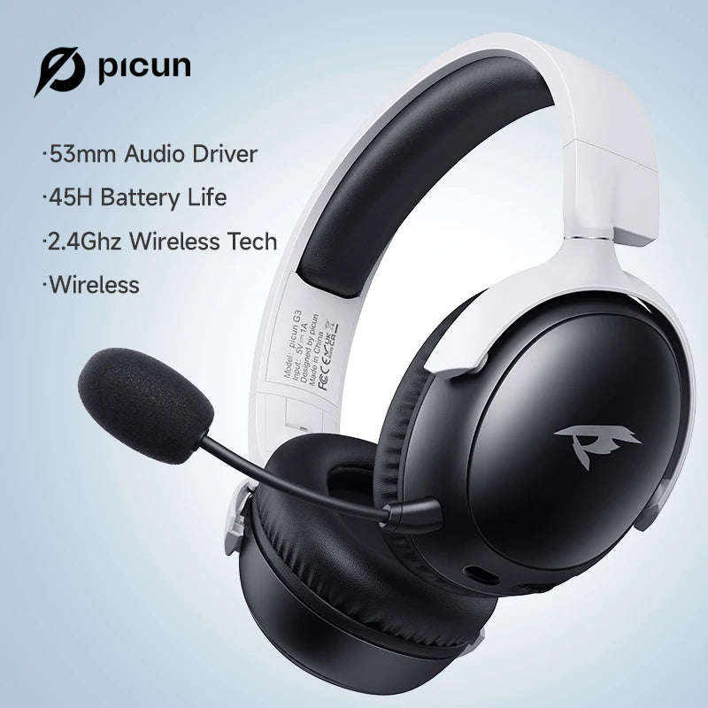Picun G3 Wireless Gaming Headset with Mic – 65H Battery, 53mm Drivers, Bluetooth 5.4 + 2.4GHz, Over-Ear Gaming Headphones for PS5, PC, Switch, Mobile - Tech Mart