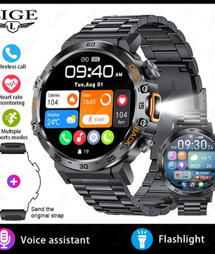 LIGE LED Flashlight Smart Watch Military Watches SOS Bluetooth Call Waterproof Health Monitor Sport Smartwatch For Android ios - Tech Mart