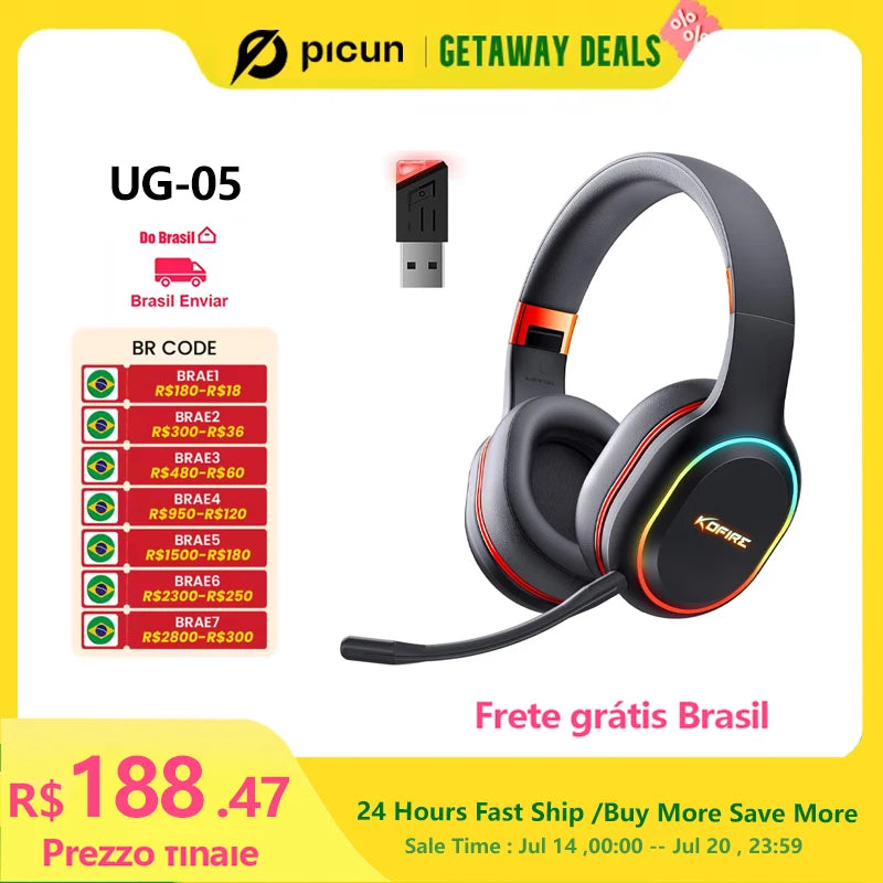 Kofire UG-05 Wireless Gaming Headset – 2.4G & Bluetooth 5.0, RGB Light, Vibration, 3D Sound, 40H Playtime, Detachable Mic for PS4/PS5/PC/Switch - Tech Mart