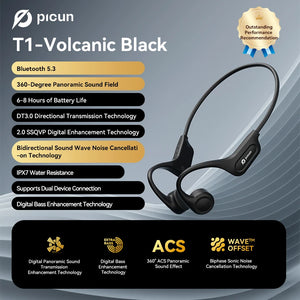 Picun T1 Bluetooth Bone Conduction Wireless Headphones – IPX7 Waterproof Sport Earhook Headset with 3D Panoramic Sound and Noise Cancelling Mic - Tech Mart