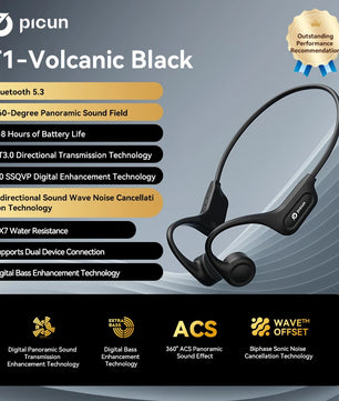 Picun T1 Bluetooth Bone Conduction Wireless Headphones – IPX7 Waterproof Sport Earhook Headset with 3D Panoramic Sound and Noise Cancelling Mic - Tech Mart