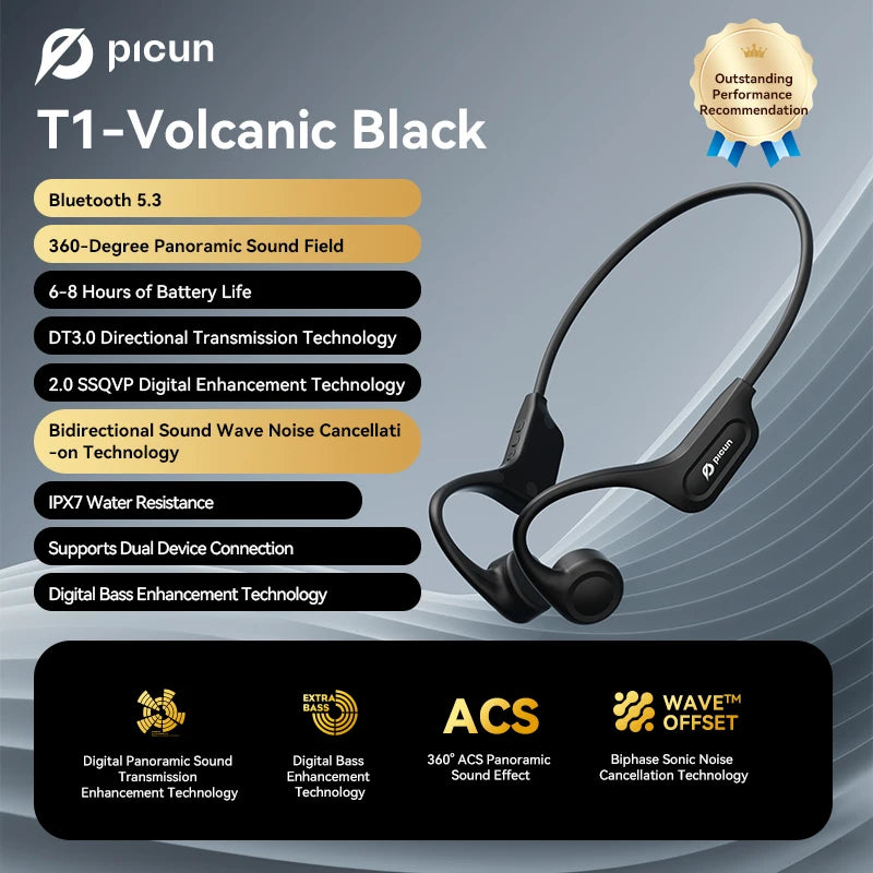 Picun T1 Bluetooth Bone Conduction Wireless Headphones – IPX7 Waterproof Sport Earhook Headset with 3D Panoramic Sound and Noise Cancelling Mic - Tech Mart
