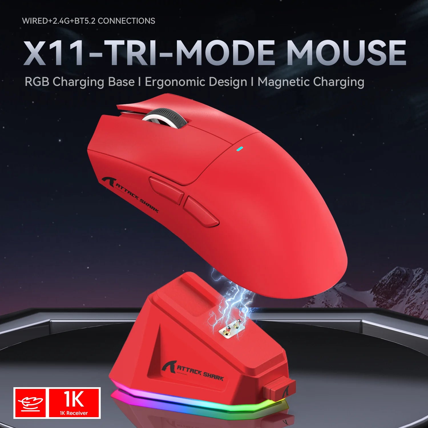 Attack Shark X11 Tri-mode Gaming Mouse with Magnetic Charging Dock, PixArt PAW3311 Sensor, 22K DPI, BT/2.4Ghz/Wired, for PC/MAC - Tech Mart