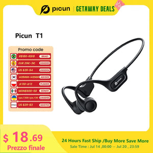 Picun T1 Bluetooth Bone Conduction Wireless Headphones – IPX7 Waterproof Sport Earhook Headset with 3D Panoramic Sound and Noise Cancelling Mic - Tech Mart