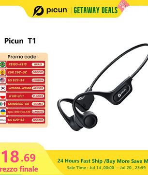 Picun T1 Bluetooth Bone Conduction Wireless Headphones – IPX7 Waterproof Sport Earhook Headset with 3D Panoramic Sound and Noise Cancelling Mic - Tech Mart