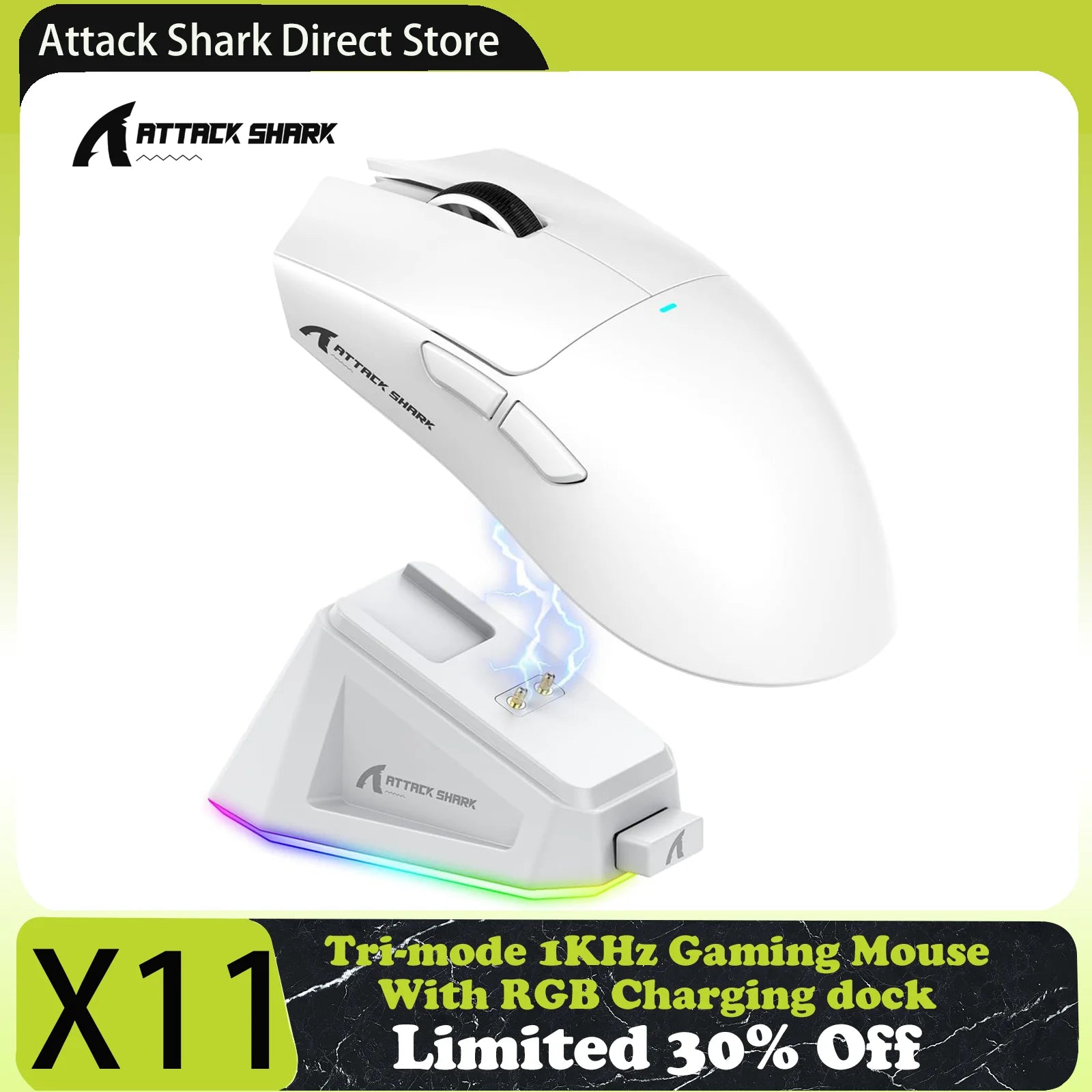 Attack Shark X11 Tri-mode Gaming Mouse with Magnetic Charging Dock, PixArt PAW3311 Sensor, 22K DPI, BT/2.4Ghz/Wired, for PC/MAC - Tech Mart