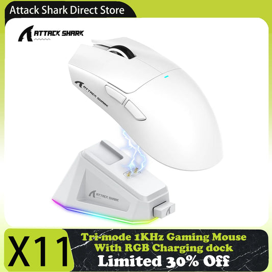 Attack Shark X11 Tri-mode Gaming Mouse with Magnetic Charging Dock, PixArt PAW3311 Sensor, 22K DPI, BT/2.4Ghz/Wired, for PC/MAC - Tech Mart