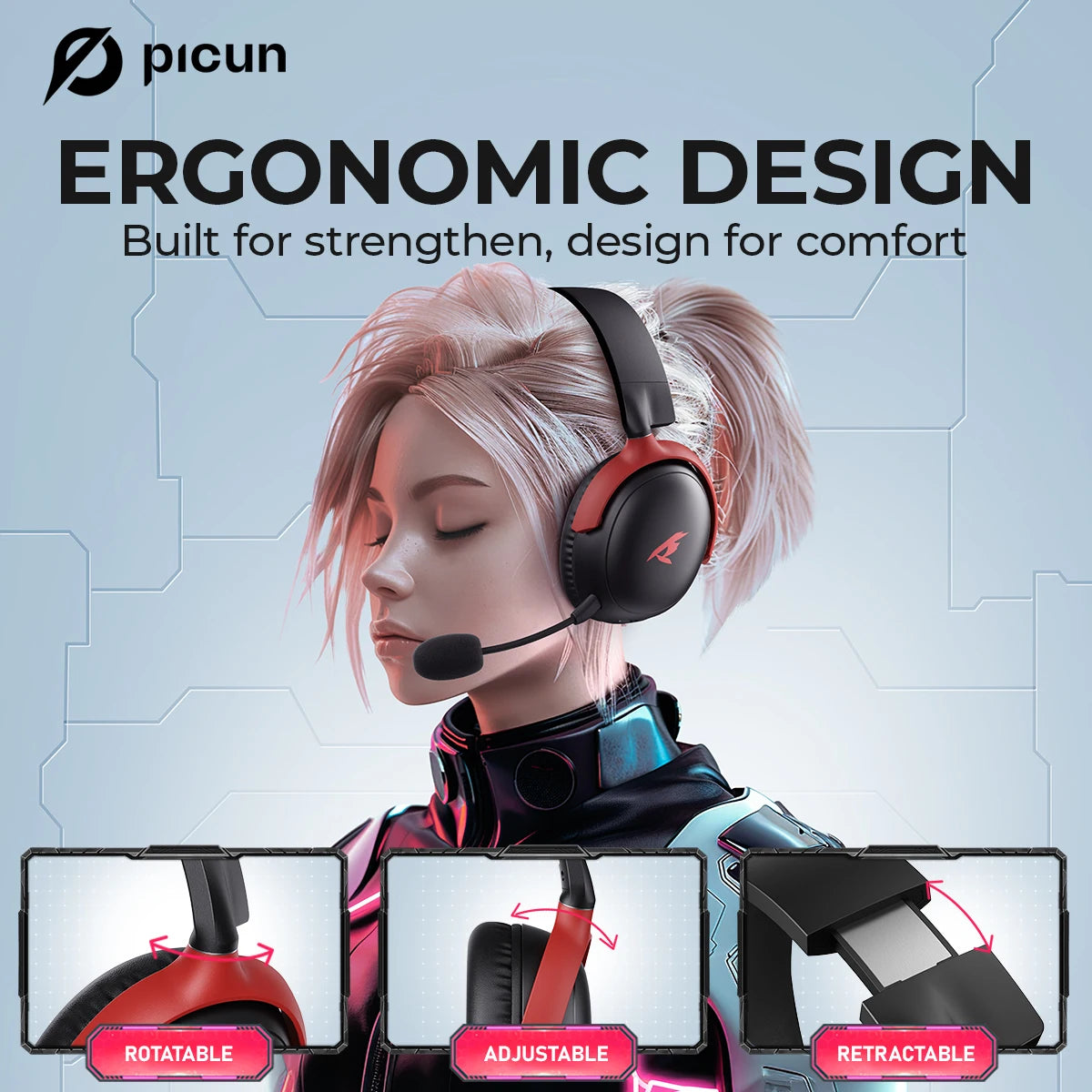 Picun G3 Wireless Gaming Headset with Mic – 65H Battery, 53mm Drivers, Bluetooth 5.4 + 2.4GHz, Over-Ear Gaming Headphones for PS5, PC, Switch, Mobile - Tech Mart