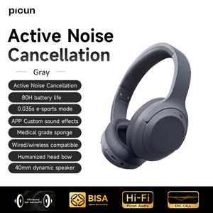 Picun F1 ANC Wireless Bluetooth 5.4 Hi-Fi Headphones with 43dB Adaptive Noise Cancelling, 80-Hour Battery, 40mm Drivers, and App Customization - Tech Mart