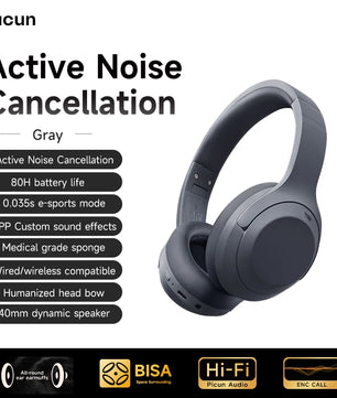 Picun F1 ANC Wireless Bluetooth 5.4 Hi-Fi Headphones with 43dB Adaptive Noise Cancelling, 80-Hour Battery, 40mm Drivers, and App Customization - Tech Mart