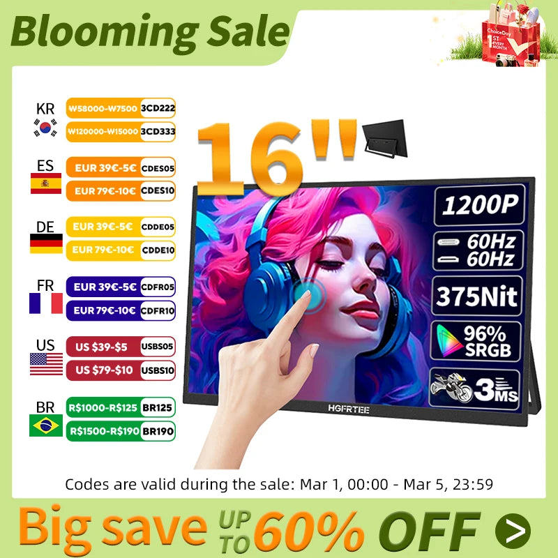 HGFRTEE 16inch Touch Portable Monitor 96%sRGB Second Screen For Laptop With Holder Stand - Tech Mart