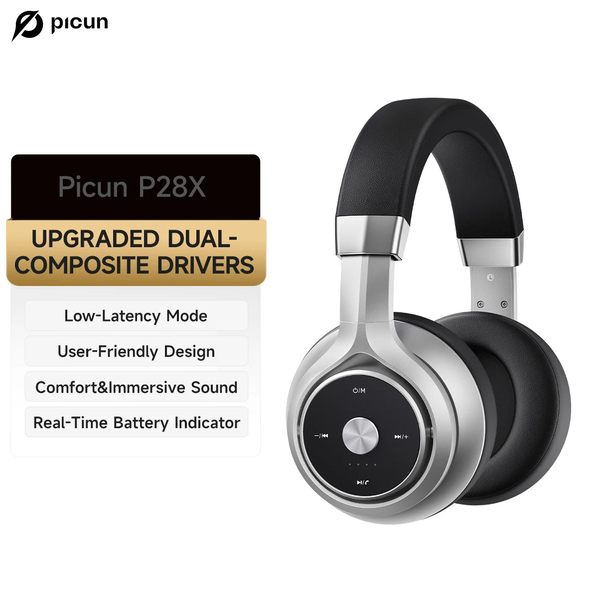 Picun P28X Wireless Bluetooth 5.3 Over-Ear Headphones with Dual Drive Bass, 35H Playtime, and Noise Reduction Technology - Tech Mart