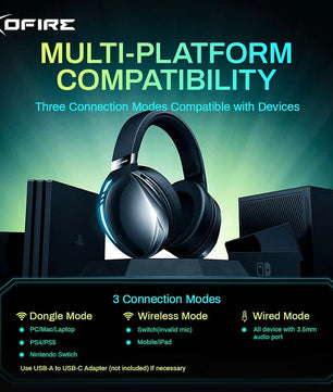 KOFIRE UG-06 Low Latency 2.4GHz & Bluetooth Wireless Gaming Headset with RGB Lighting and Detachable Mic – Compatible with PC, PS5, Switch - Tech Mart