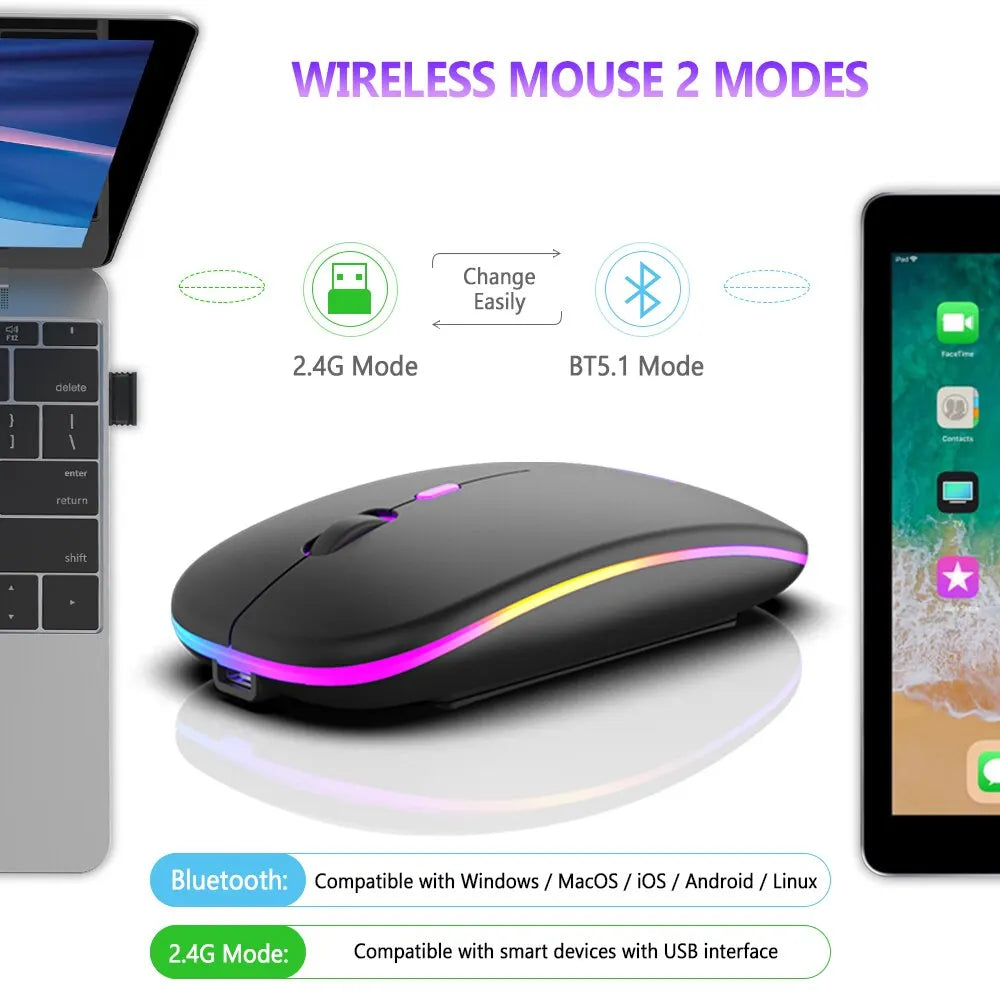 Wireless Mouse Bluetooth and 2.4GHz Dual Modes Rechargeable RGB Ergonomic Silent Click for PC iPad Laptop Cell Phone TV - Tech Mart