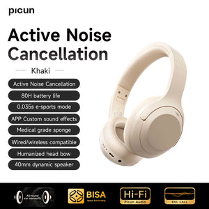 Picun F1 ANC Wireless Bluetooth 5.4 Hi-Fi Headphones with 43dB Adaptive Noise Cancelling, 80-Hour Battery, 40mm Drivers, and App Customization - Tech Mart