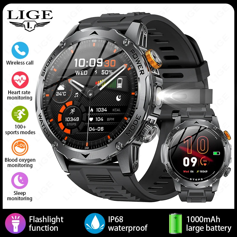 LIGE 2025 Smart Watch Men – Large 1000mAh Battery, Outdoor Flashlight, Bluetooth Call, Waterproof Sports & Fitness Smartwatch - Tech Mart