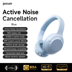 Picun F1 ANC Wireless Bluetooth 5.4 Hi-Fi Headphones with 43dB Adaptive Noise Cancelling, 80-Hour Battery, 40mm Drivers, and App Customization - Tech Mart