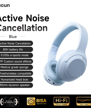 Picun F1 ANC Wireless Bluetooth 5.4 Hi-Fi Headphones with 43dB Adaptive Noise Cancelling, 80-Hour Battery, 40mm Drivers, and App Customization - Tech Mart