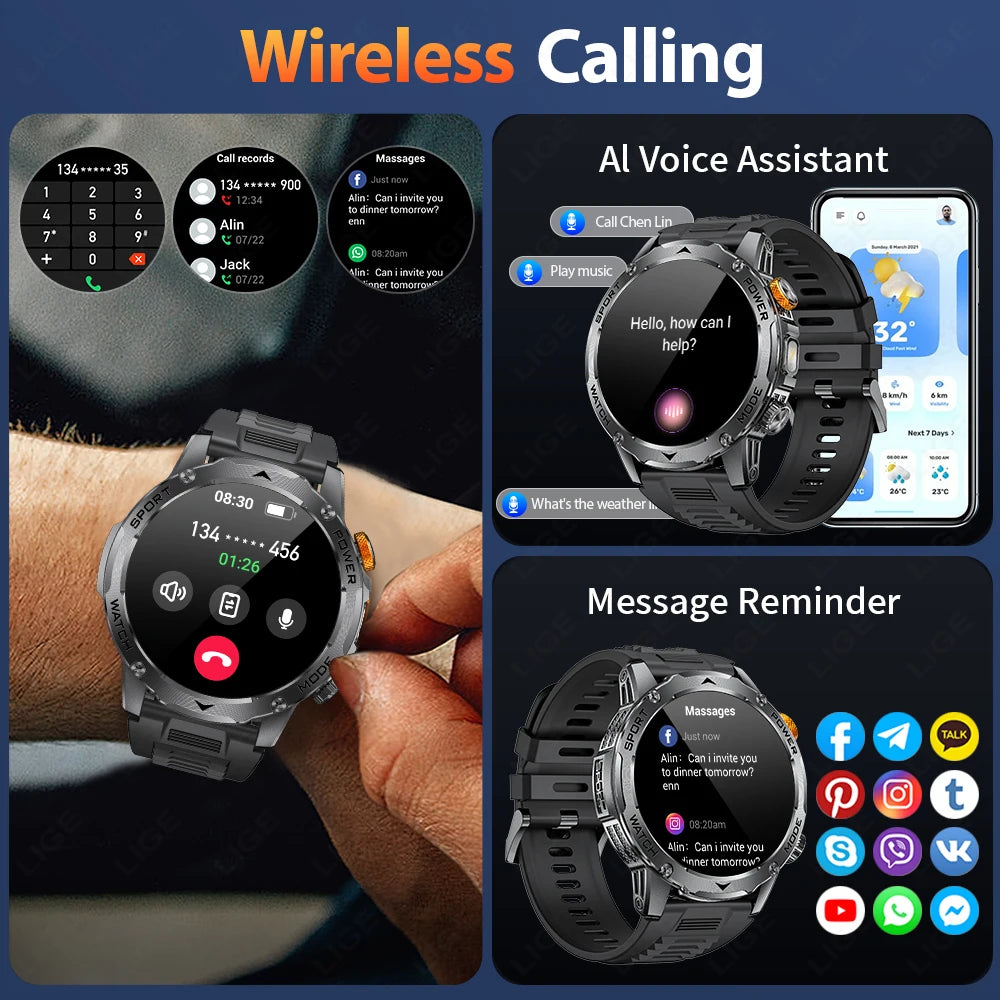 LIGE 2025 Smart Watch Men – Large 1000mAh Battery, Outdoor Flashlight, Bluetooth Call, Waterproof Sports & Fitness Smartwatch - Tech Mart