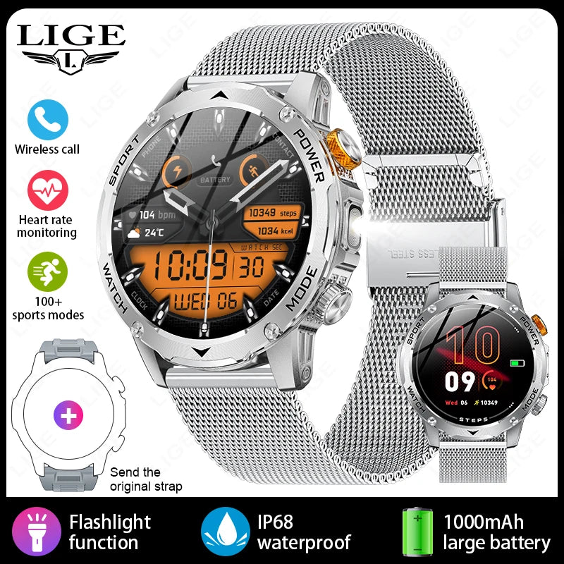 LIGE 2025 Smart Watch Men – Large 1000mAh Battery, Outdoor Flashlight, Bluetooth Call, Waterproof Sports & Fitness Smartwatch - Tech Mart