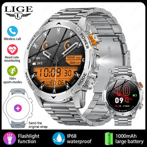 LIGE 2025 Smart Watch Men – Large 1000mAh Battery, Outdoor Flashlight, Bluetooth Call, Waterproof Sports & Fitness Smartwatch - Tech Mart