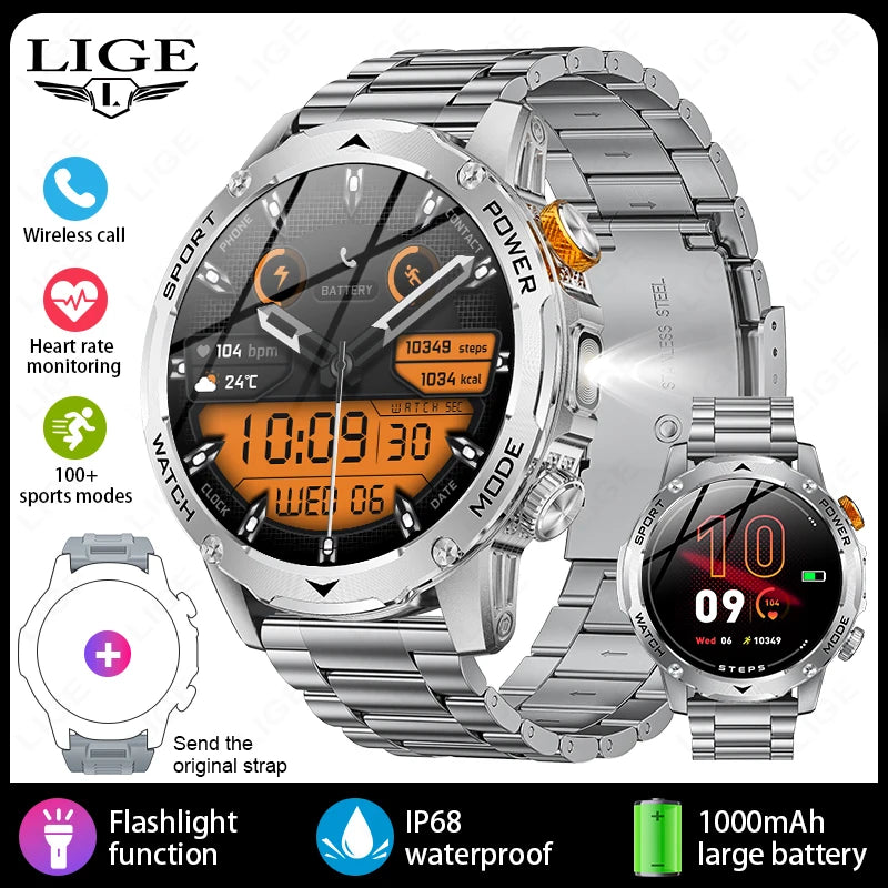 LIGE 2025 Smart Watch Men – Large 1000mAh Battery, Outdoor Flashlight, Bluetooth Call, Waterproof Sports & Fitness Smartwatch - Tech Mart