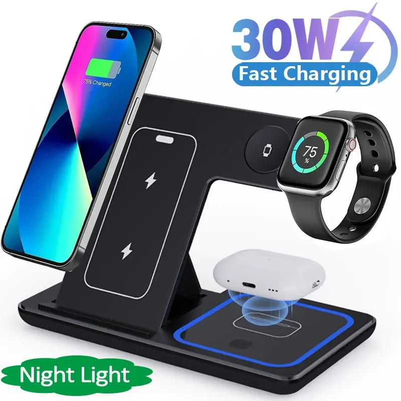 30W 3 in 1 LED Fast Wireless Charger Stand Foldable Charging Station For iPhone and Airpods Pro - Tech Mart